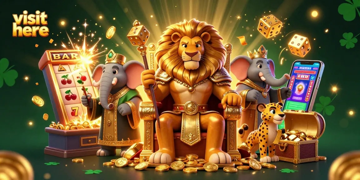 Win big with detailed casino scene featuring a lion king, elephant advisor, and cheetah messenger. Visit here!