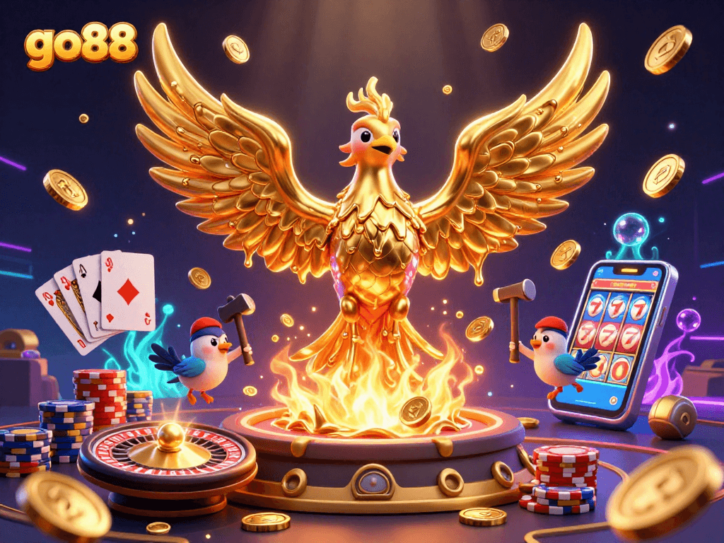 Experience thrilling wins with go88, showcasing 3D phoenix and vibrant casino elements.