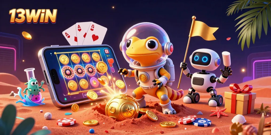 Engage in excitement with 13WIN as a Martian gecko discovers a hidden golden casino amidst vivid casino game elements.