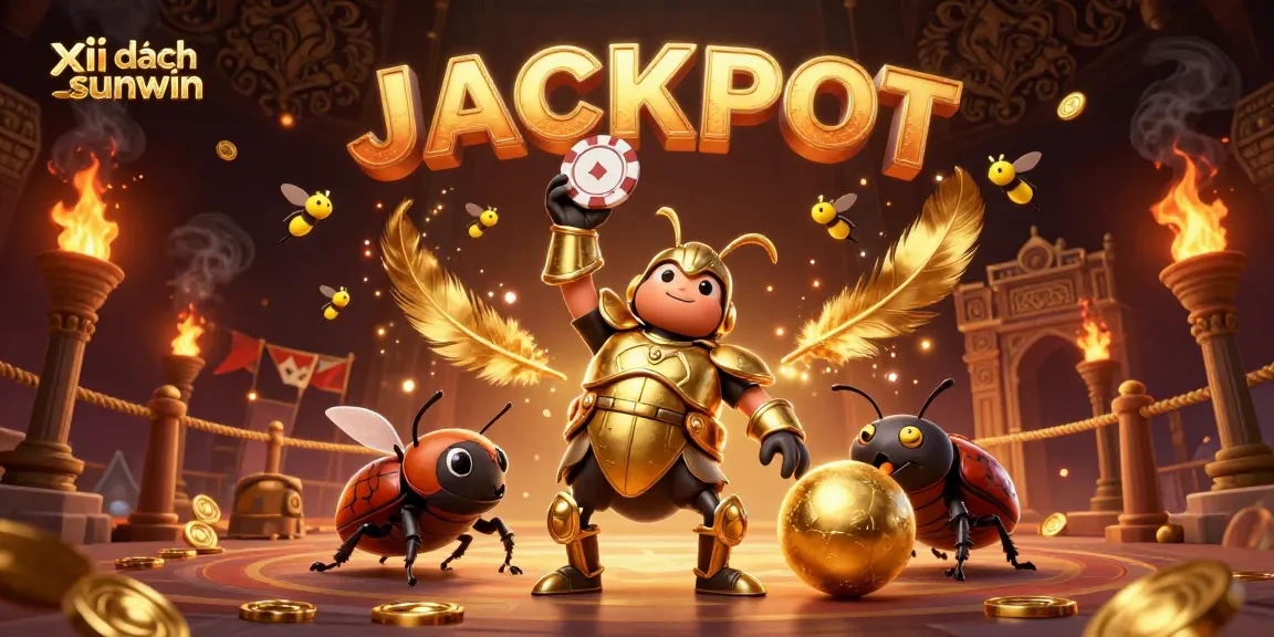 Win big with xi dách sunwin as a heroic beetle lifts a poker chip in an exciting casino scene.