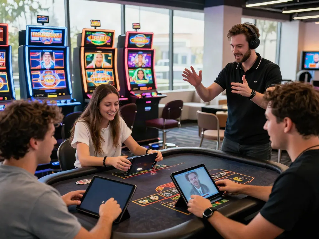 Engaging online casino experience featuring players using smartphones and tablets in a lively gaming atmosphere.