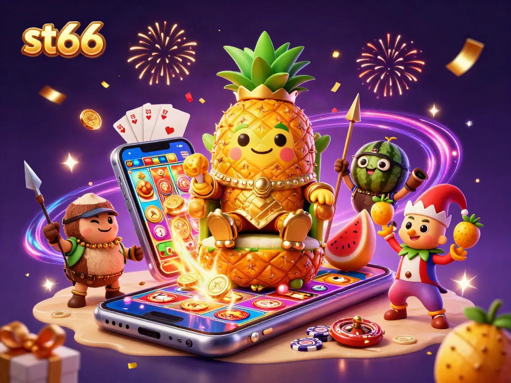 Spin to win at st666 with a vibrant 3D casino scene featuring a golden pineapple king and magical game elements.