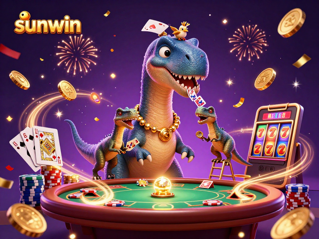 Sunwin's 3D brontosaurus supports a lively casino scene with poker, roulette, and dynamic elements.