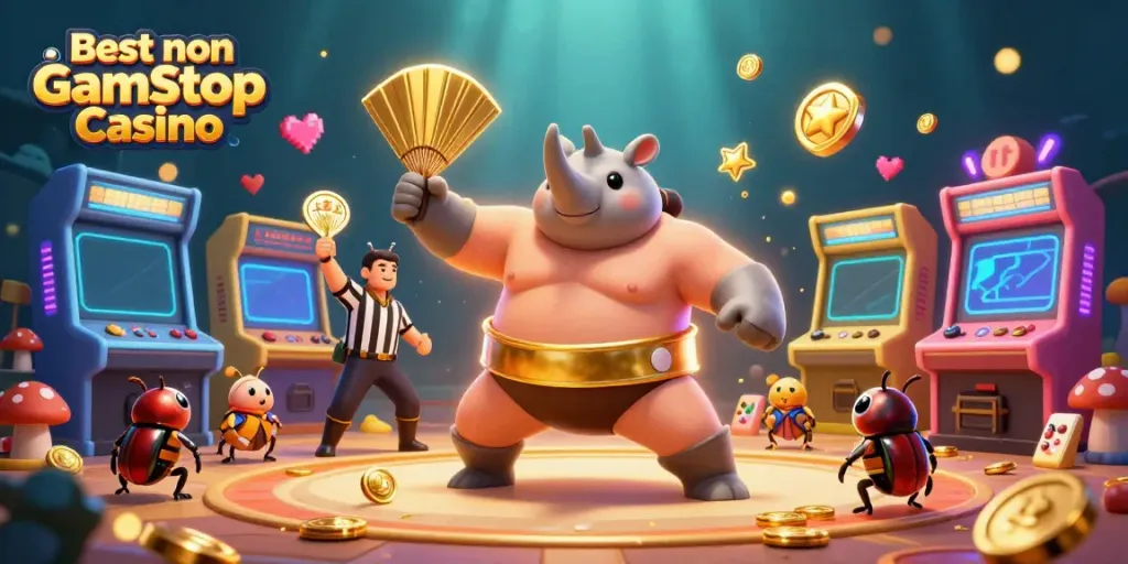 Experience the excitement of the Best non Gamstop Casino with a cartoon beetle champion amidst glowing arcade machines and gold coins.