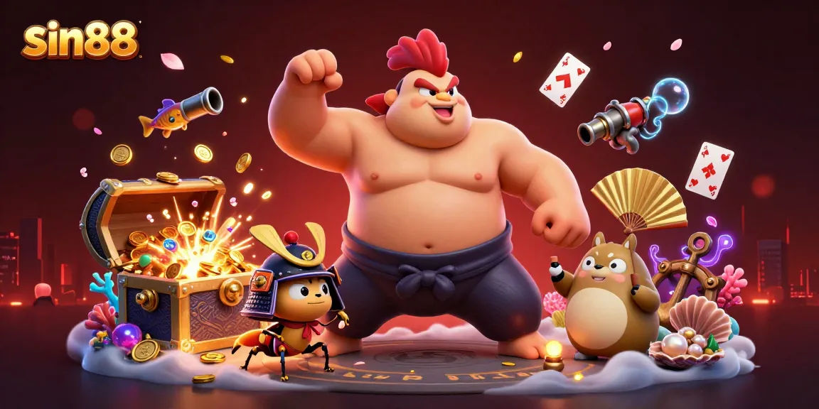 Engage in dynamic gameplay at sin88 with our legendary sumo rooster, samurai cricket, and announcer, amid vibrant casino elements.
