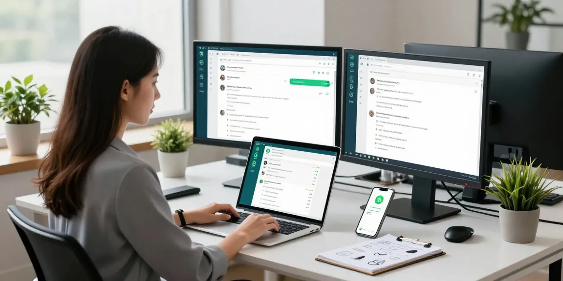 Young professional using WhatsApp電腦版 on laptop in modern office.