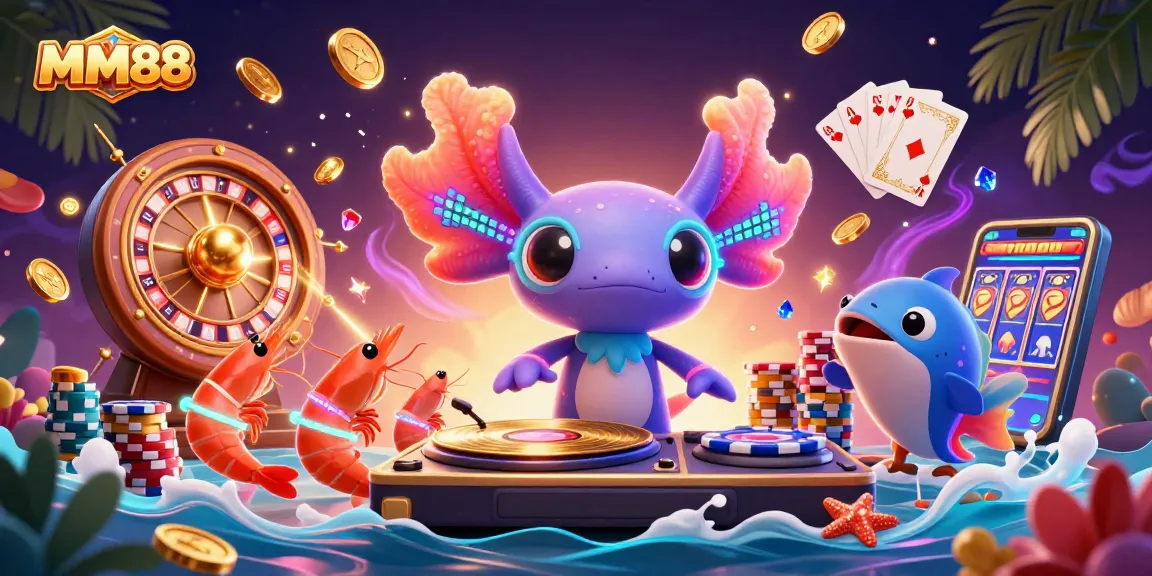 Experience MM88's vibrant casino atmosphere with neon characters and dynamic gambling elements.
