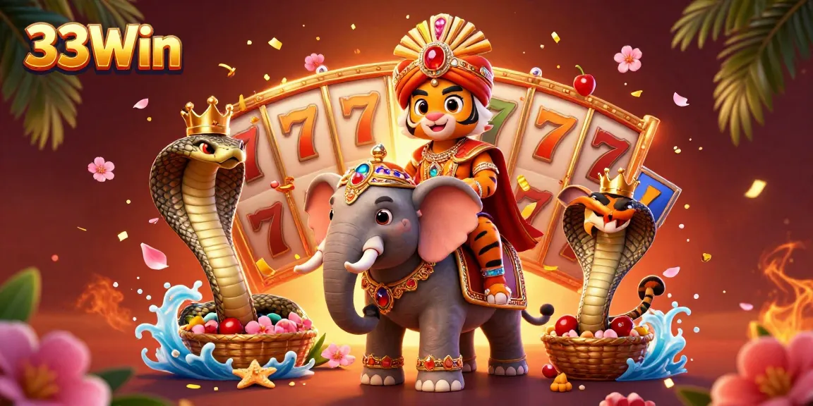 Experience thrilling jackpots with the 33Win casino, featuring vibrant 3D illustrations of elephants and slot reels.