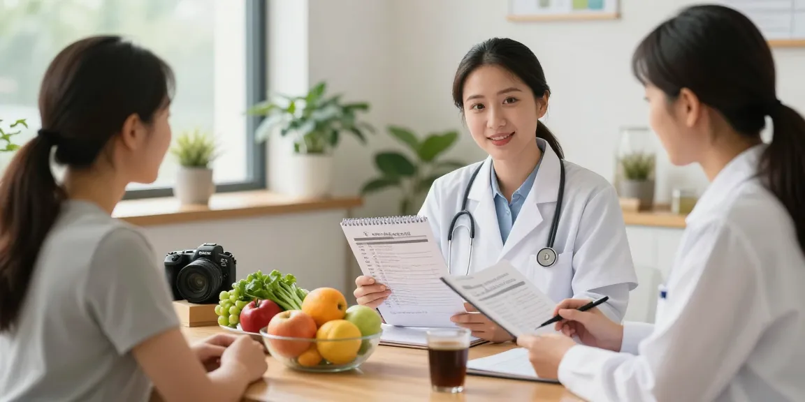 Women's Nutritionist Surrey consultation scene with healthy food, personalized meal plans, and warm natural lighting.