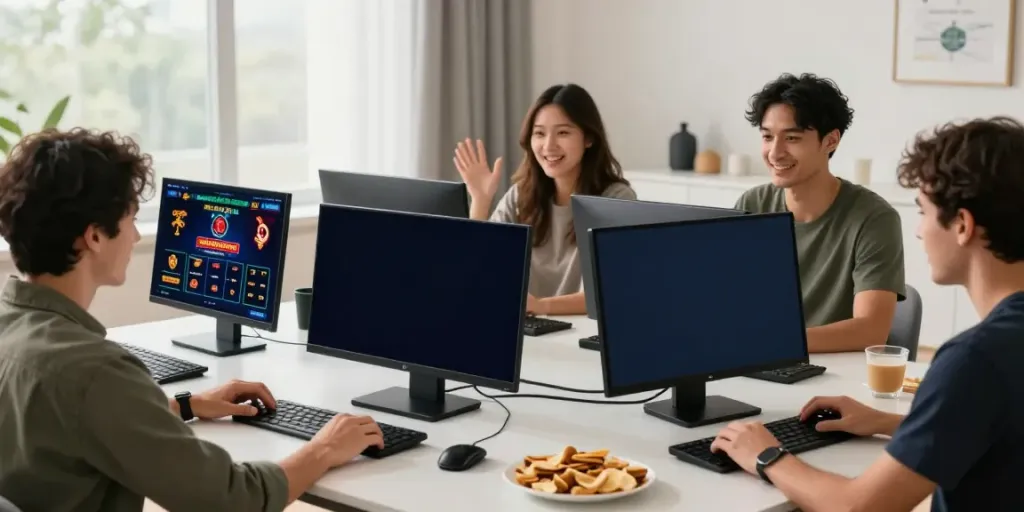 Engaged players exploring non UK casinos in a stylish home setup, showing excitement and interaction.