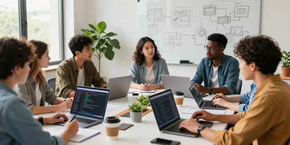 Team collaborating to build internal tools with AI in a modern workspace.