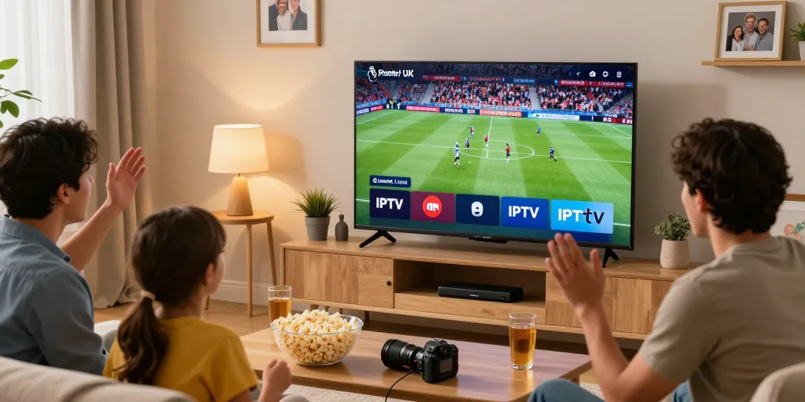 Family enjoying IPTV UK streaming live sports in 4K quality in a cozy living room.