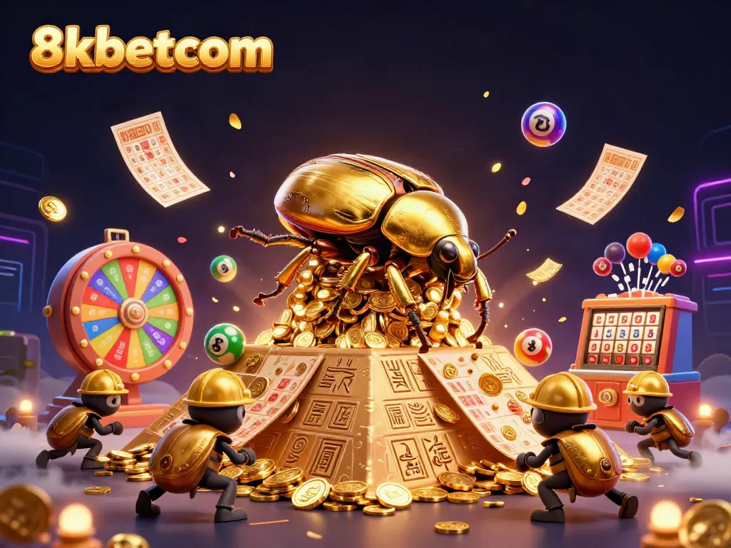 Experience excitement with 8xbetcom through vibrant lottery balls and golden treasures in 3D digital art.