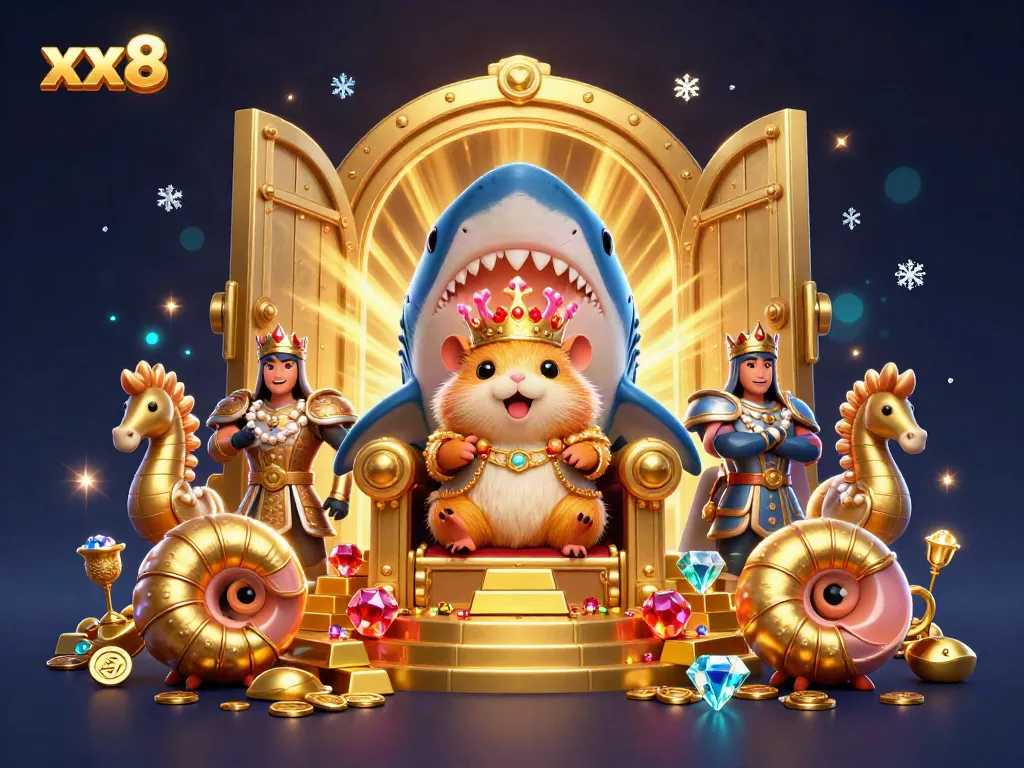 Experience the excitement of xx8 casino as the golden hamster king rules over treasure, dazzled by gems and riches.