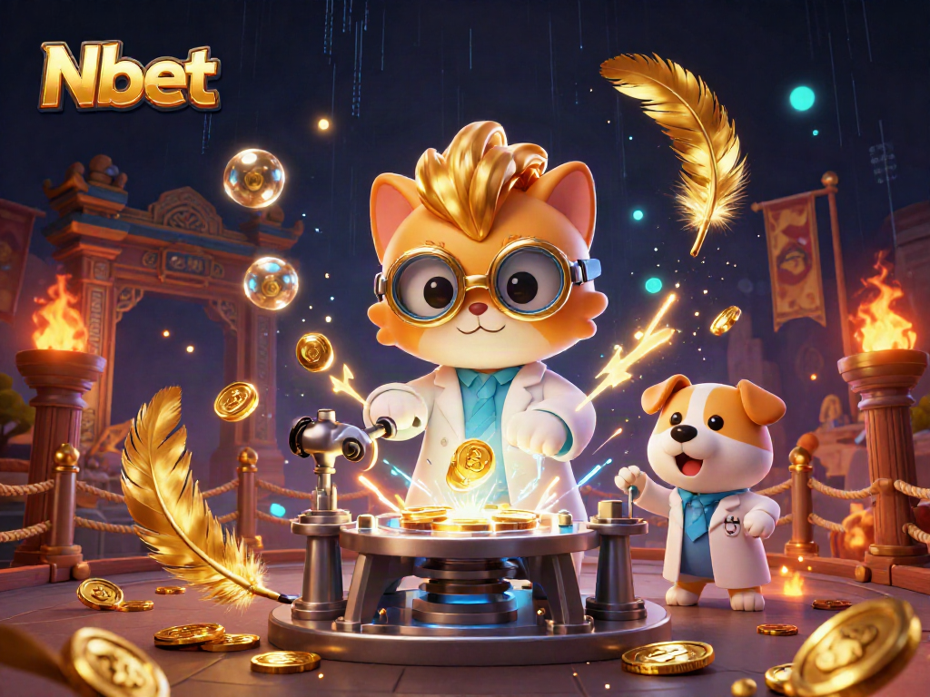 Nbet showcases a vibrant 3D scene featuring a mad scientist cat and dog creating gold coins in a dynamic online casino.