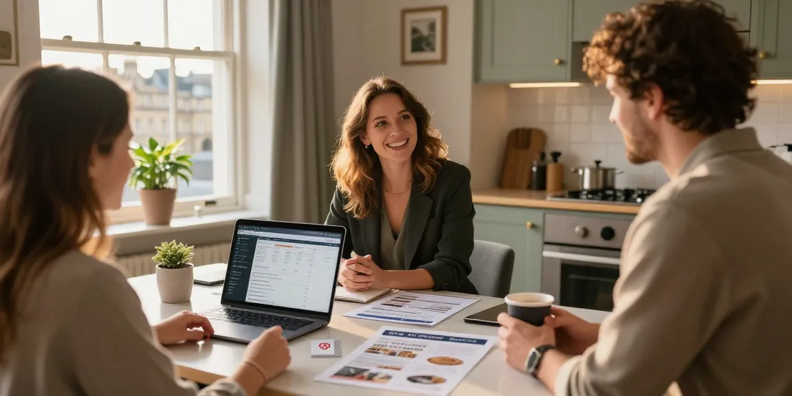 Engaging Bath holiday-let management meeting showcasing property manager with homeowner in stylish kitchen.