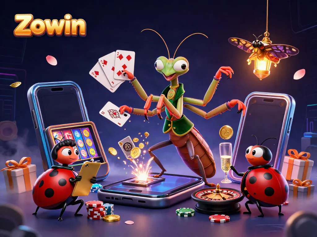 Zowin's illustration showcases an engaging casino atmosphere with a praying mantis dealer and ladybug pit boss.