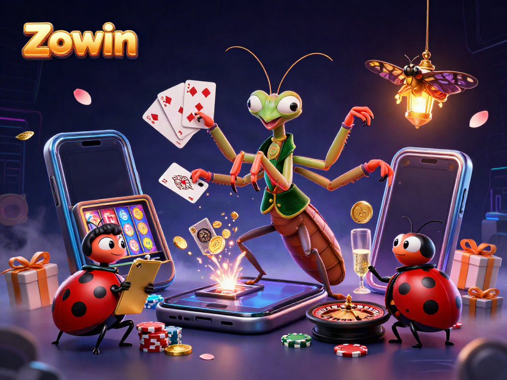 Zowin's illustration showcases an engaging casino atmosphere with a praying mantis dealer and ladybug pit boss.