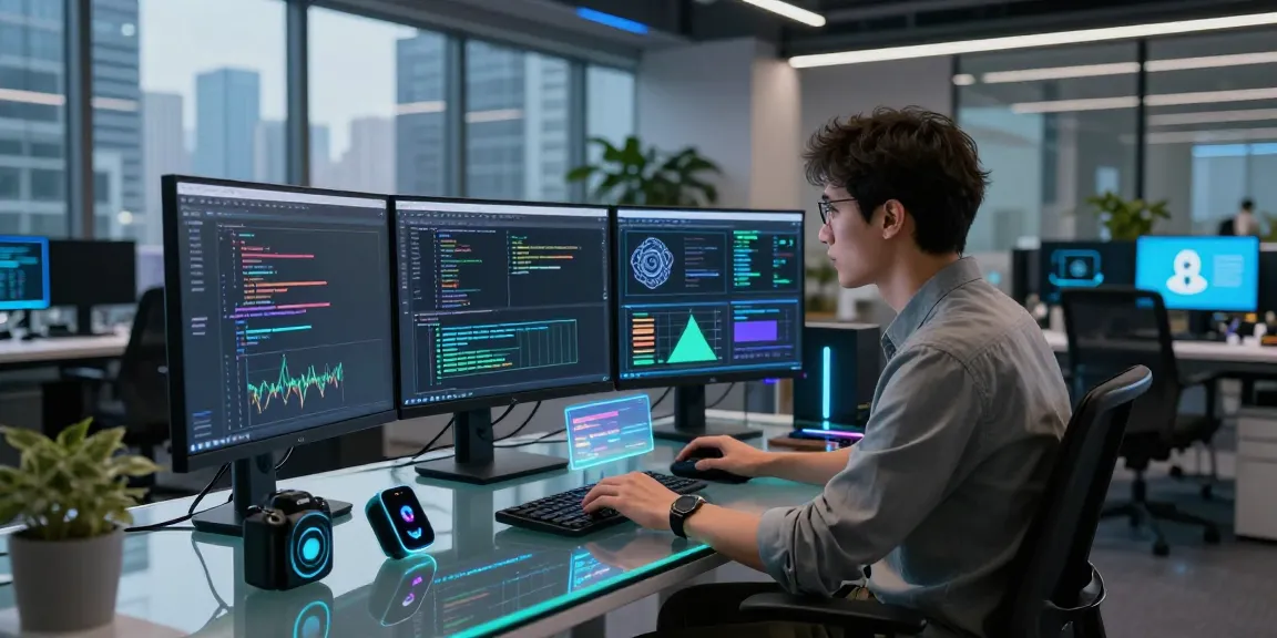 Engaged AI developer in a high-tech workspace demonstrating juicy ai software functionalities.