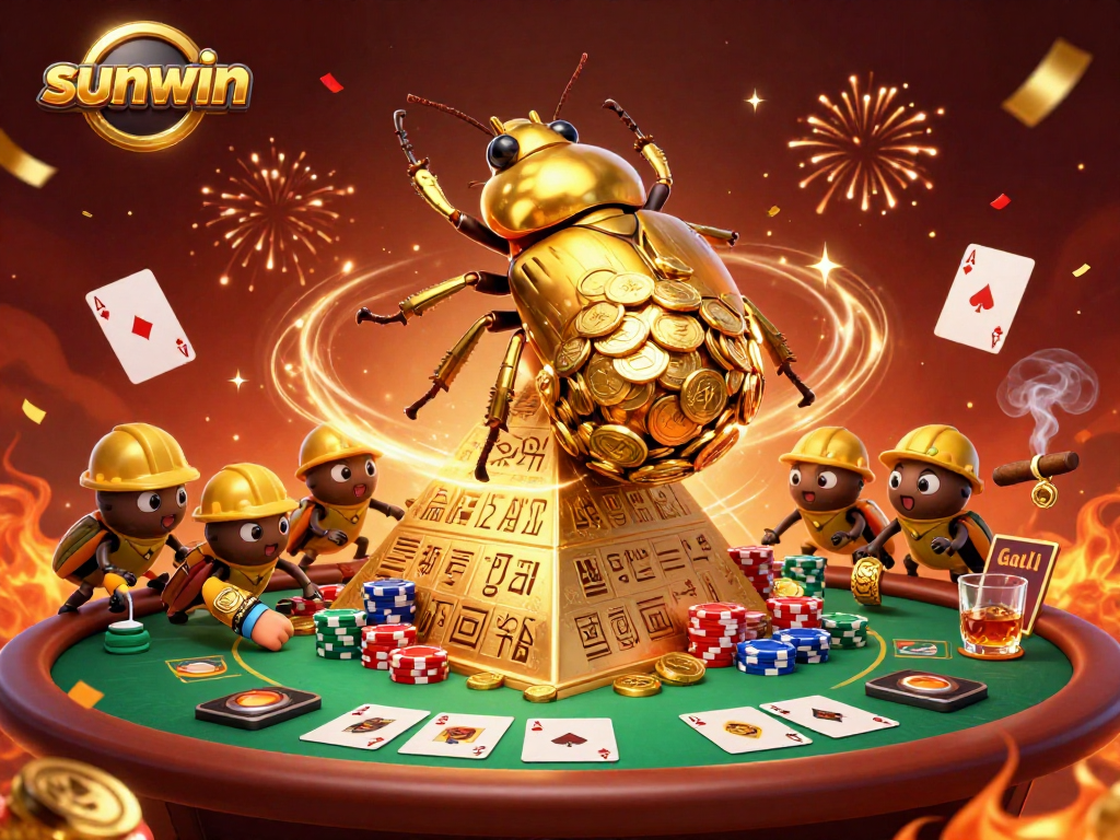 Join the fun at sunwin with a massive golden dung beetle rolling coins amidst poker action.