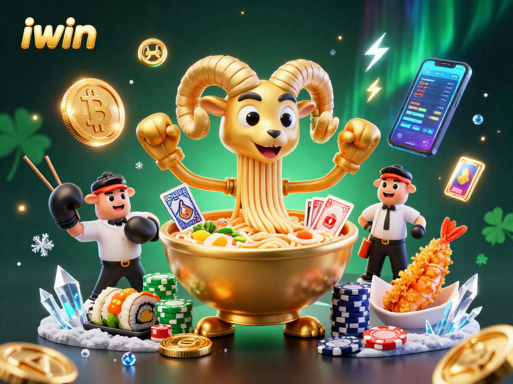 Engage with iwin's dynamic casino scene featuring a giant ramen bowl dealer alongside crypto-themed elements.