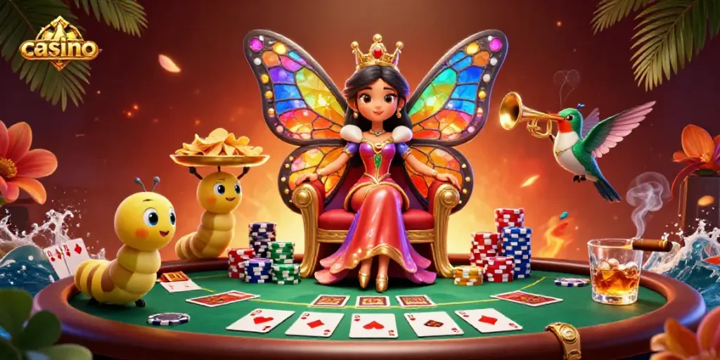 Experience vibrant gaming at the casino with animated characters and classic poker elements.