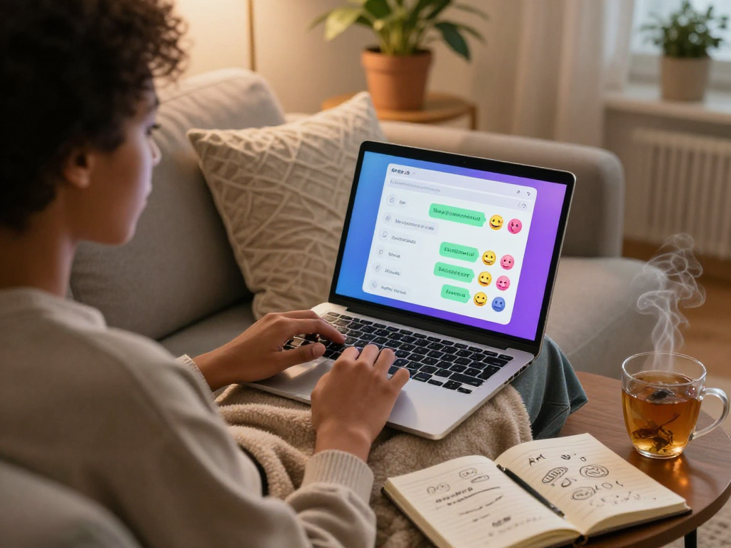 Engaging in nsfw ai chat on a cozy couch with laptop and warm ambiance.