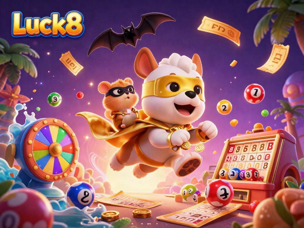 Engage with Luck8 in a vibrant scene featuring a superhero dog flying with gold coins amidst colorful lottery elements.