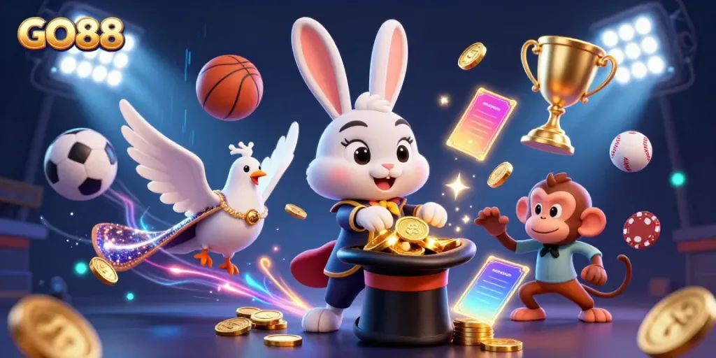 Experience the thrill of winning at GO88 with 3D magic elements and vibrant casino visuals.