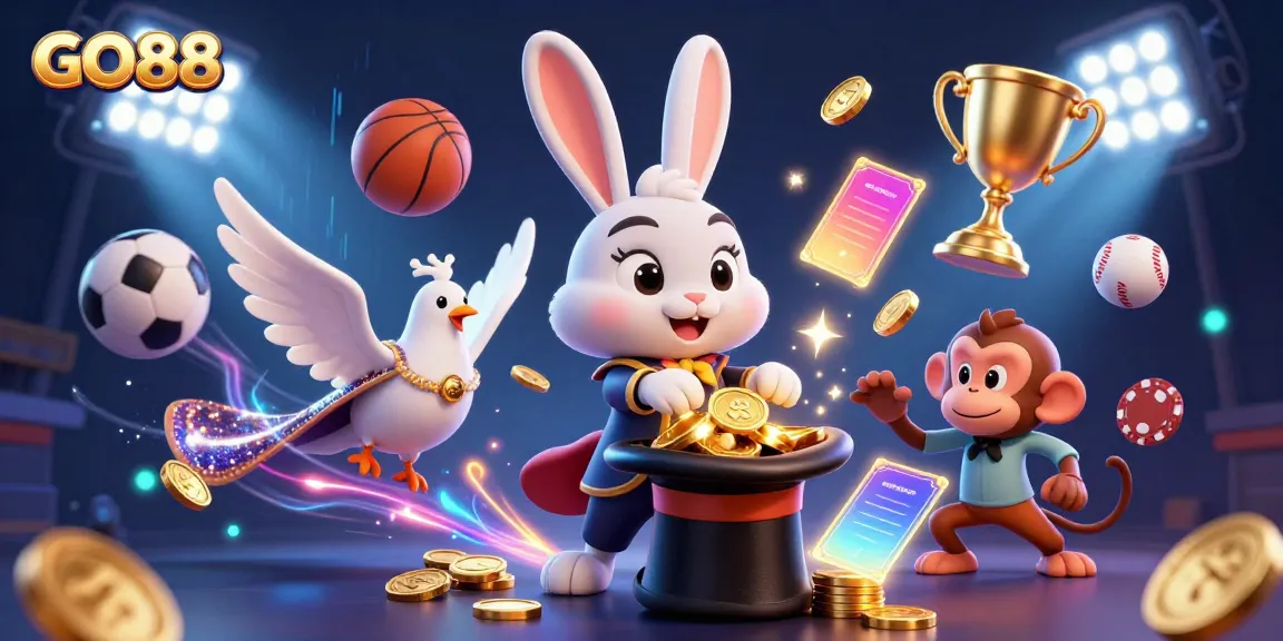 Experience the thrill of winning at GO88 with 3D magic elements and vibrant casino visuals.