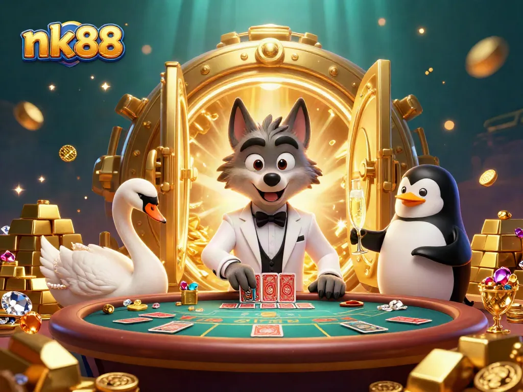 Win big at nk88 with our sophisticated gaming scene featuring dynamic characters and shimmering treasures.