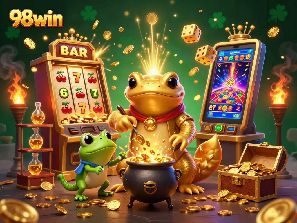 98win showcases a vibrant 3D casino scene filled with enchanting gold elements, creating excitement and luck.