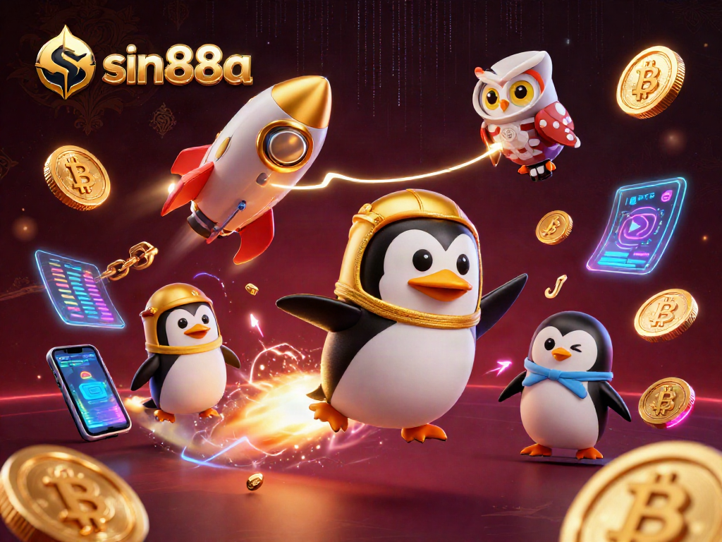 Experience sin88a's vibrant casino adventure with a golden penguin and rich crypto elements.
