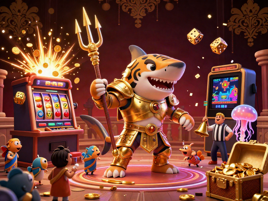 Experience the excitement of sumseltoto with a vibrant display of underwater casino elements featuring a gladiator shark.
