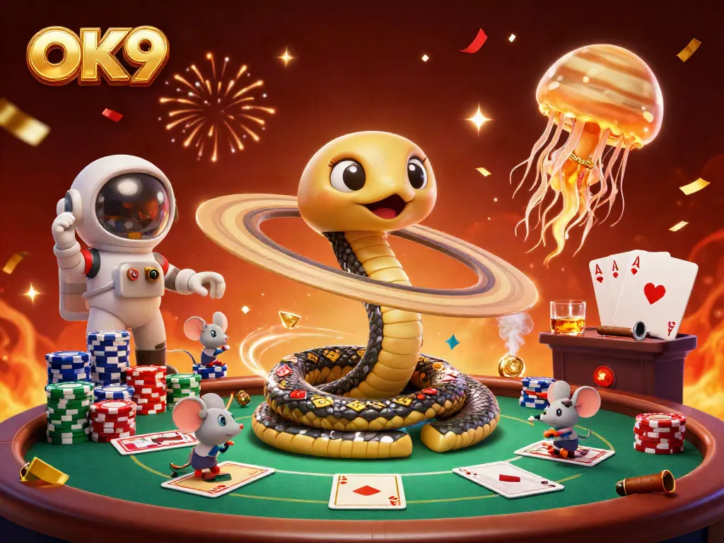 Experience the thrill of betting with OK9 in a vibrant 3D cosmic casino scene.