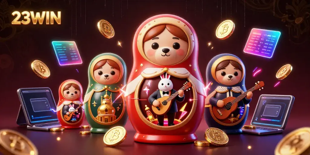 Experience high-stakes fun with 23WIN in this vibrant 3D casino scene filled with engaging characters and elements.