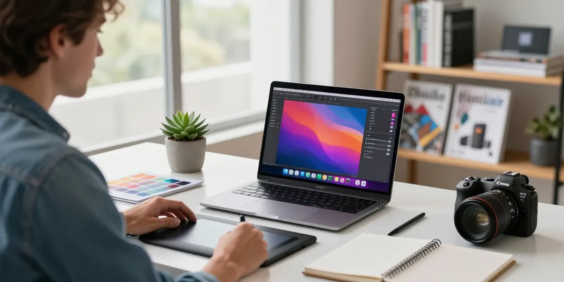 Professional workspace featuring the M5 MacBook displaying design software with creative tools in a bright environment.
