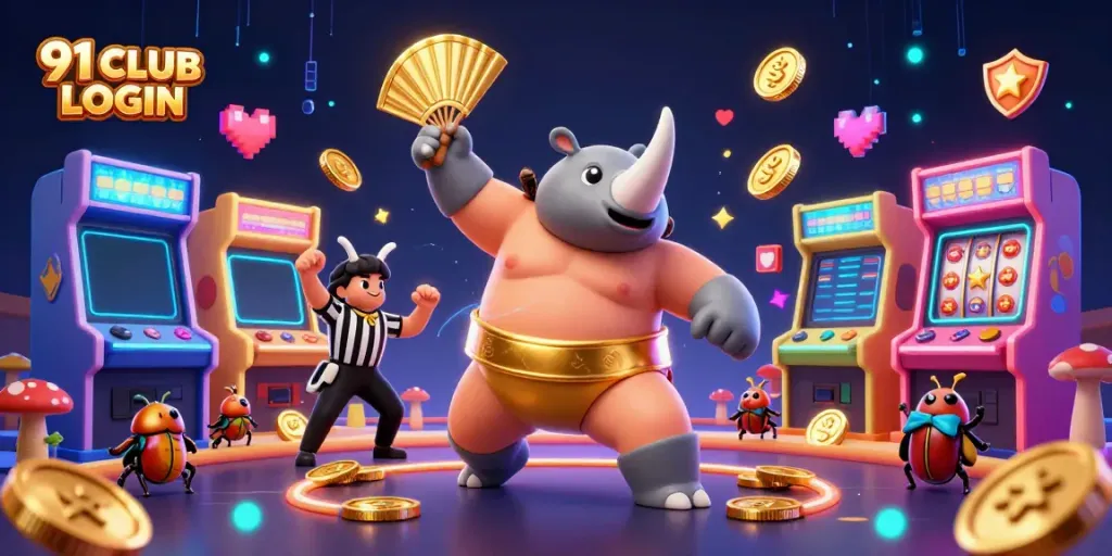 Experience the thrill of 91 CLUB LOGIN with a dynamic casino-themed scene featuring colorful characters and elements.