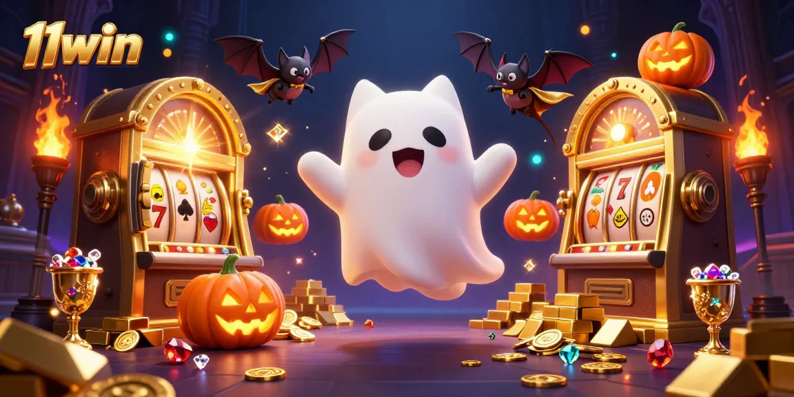 Experience thrills with the 11win ghost cat and treasures in a haunted casino illustration