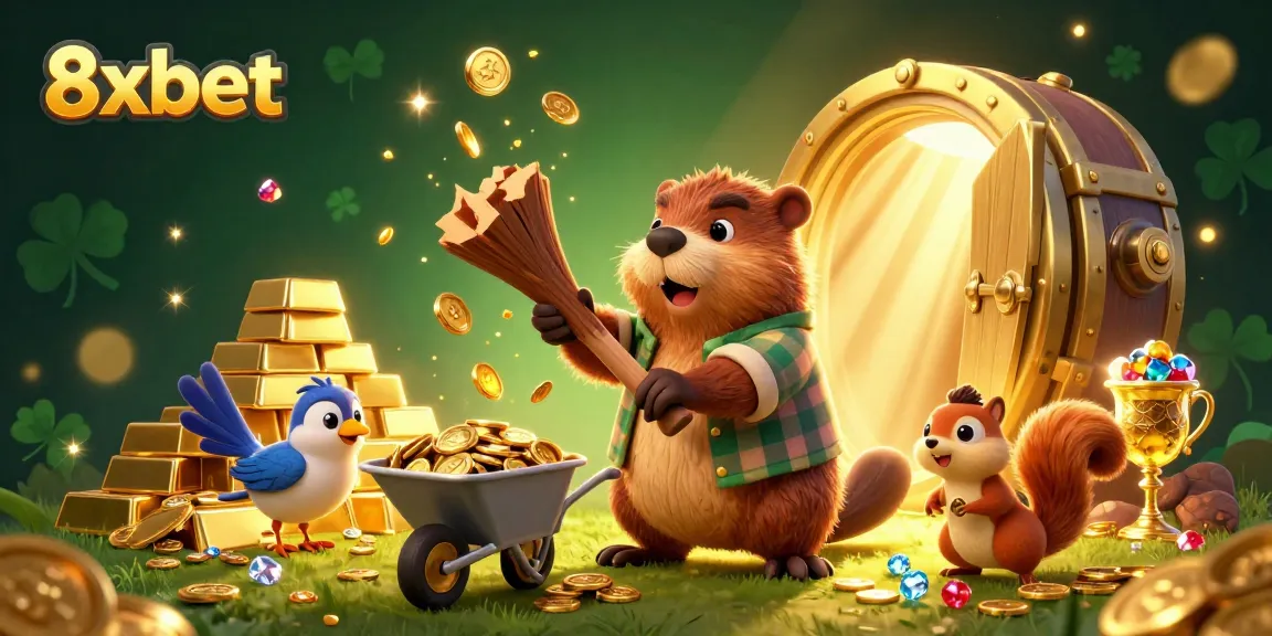 Experience the excitement of 8xbet with a colorful 3D scene of cartoon characters collecting golden coins in a casino-themed world.