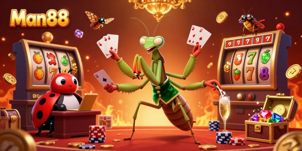 Experience the electrifying atmosphere of Man88 casino with a vibrant scene filled with slot reels and dazzling characters.
