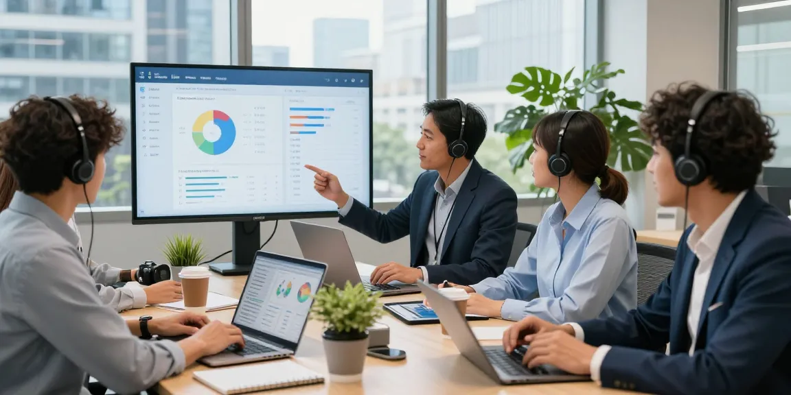 Collaboration over call centre software in a modern office environment, showcasing a diverse team analyzing performance metrics.