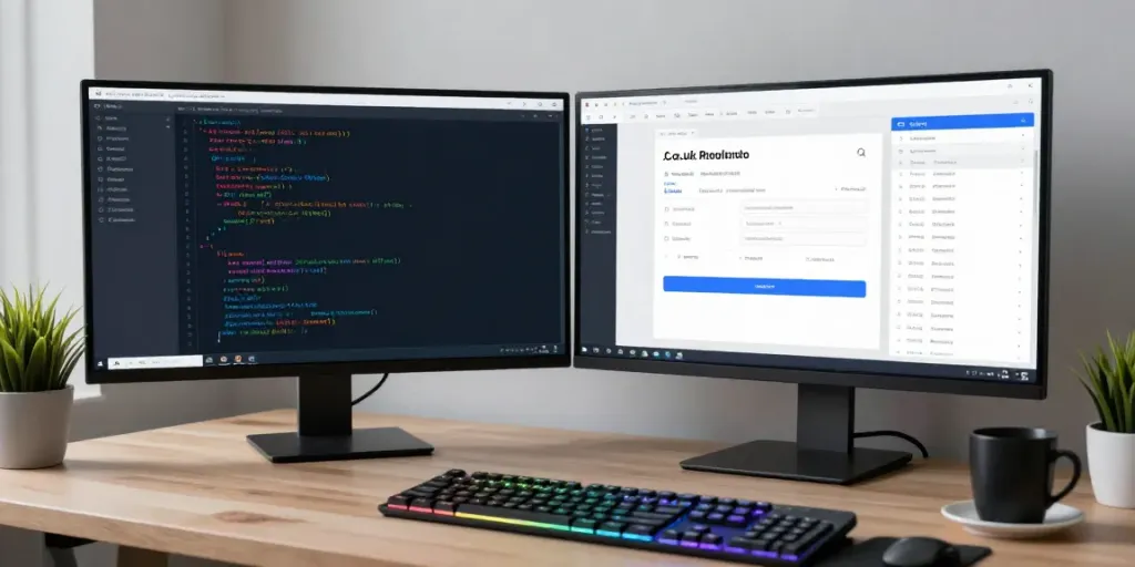 Affordable .co.uk domain registration process in a modern developer workspace with programming tools.