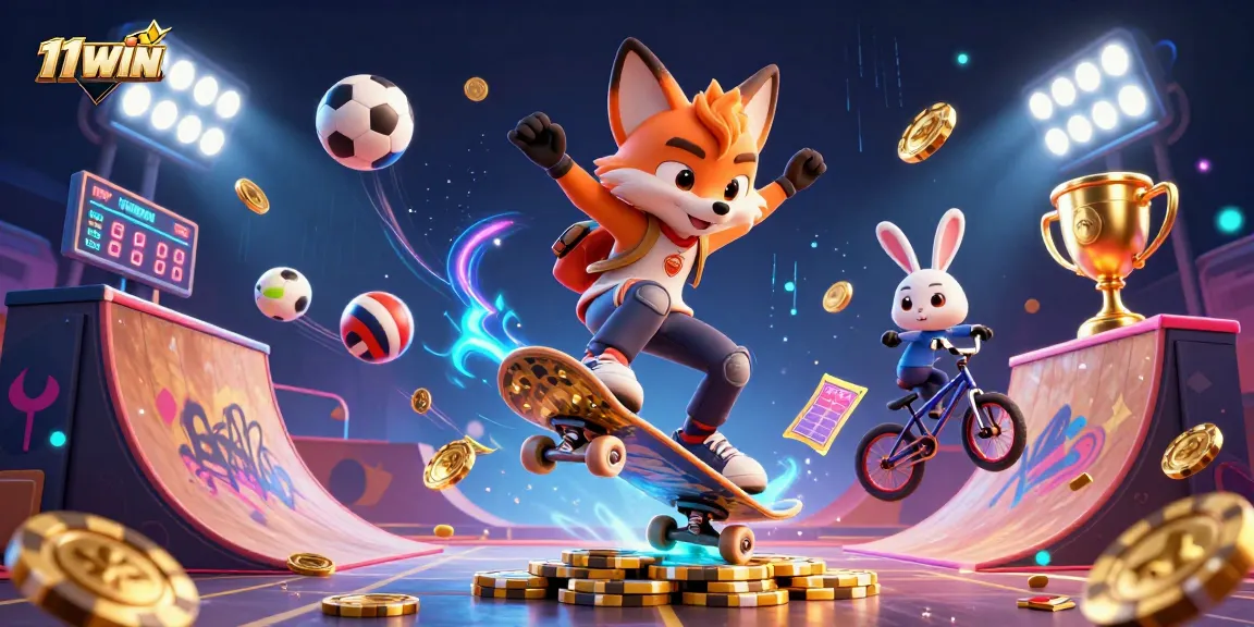 Experience winning thrills with 11WIN in this vibrant 3D casino illustration featuring dynamic characters and gaming elements.