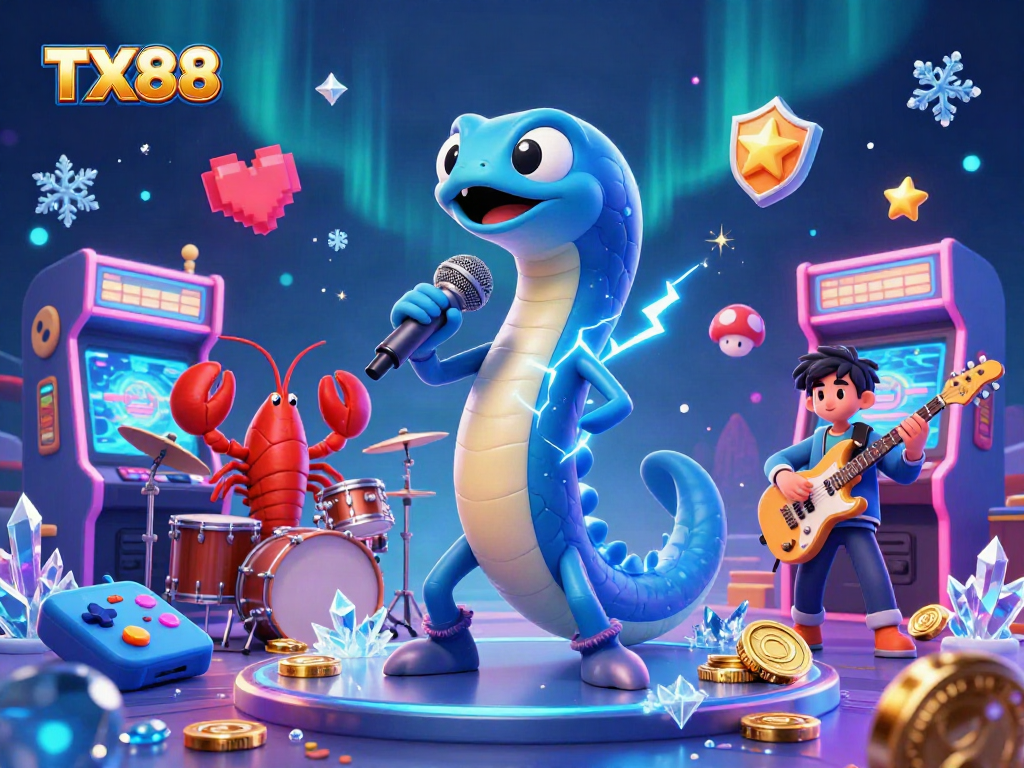 TX88 showcases an electric eel DJ at an underwater casino stage, captivating players with colorful game elements.