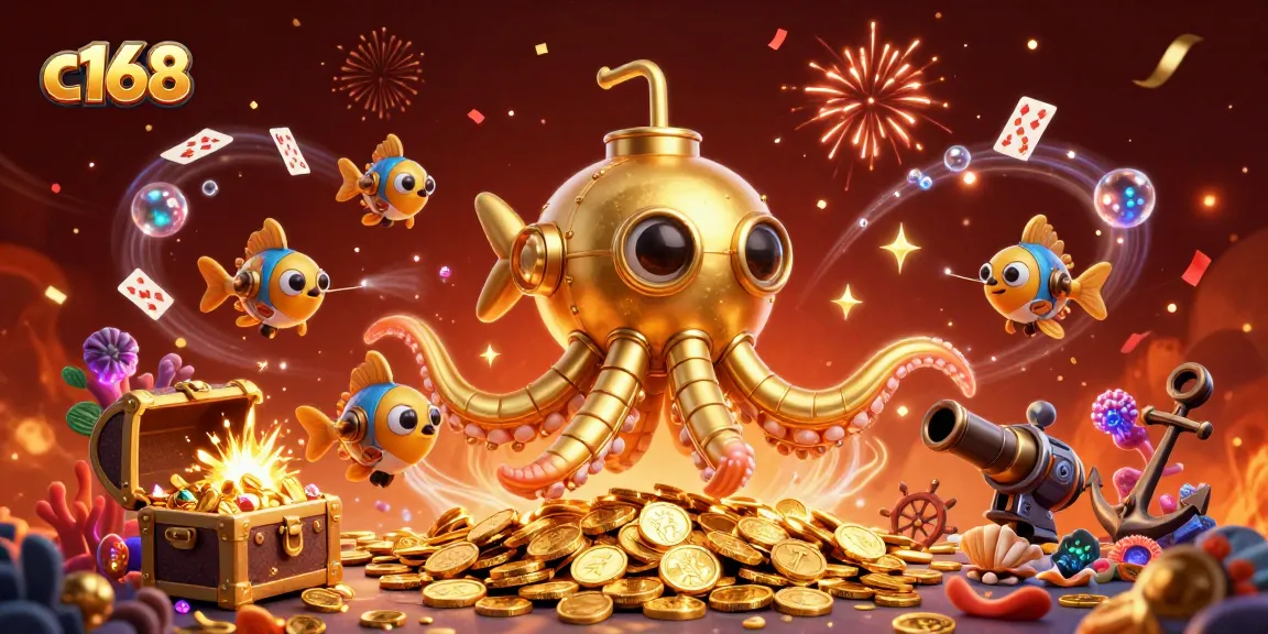 C168 engages players with a vibrant scene of a golden kraken submarine among treasures and games.