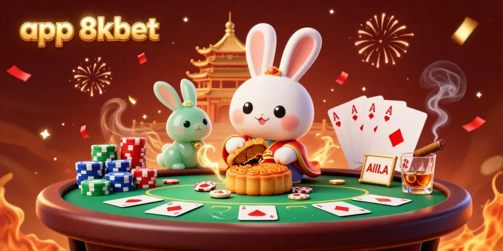 Experience the app 8xbet adventure featuring a moon rabbit unveiling poker chips in an enchanting lunar scene.