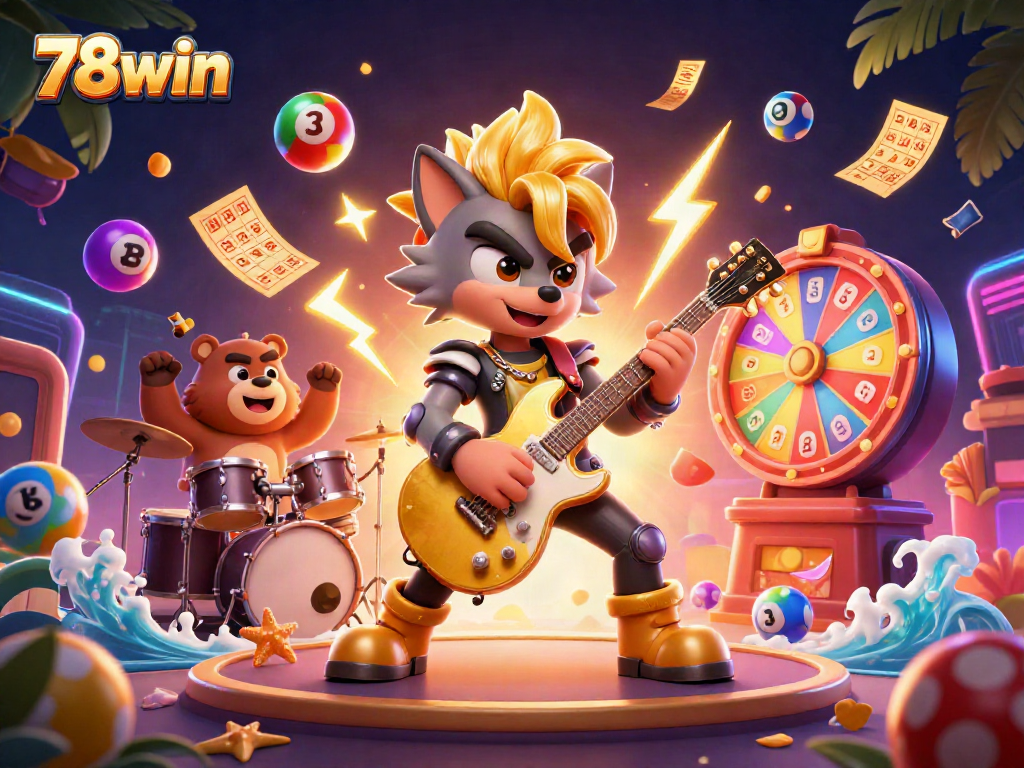 Experience excitement with the 78win casino illustration featuring dynamic lottery games and vibrant characters.