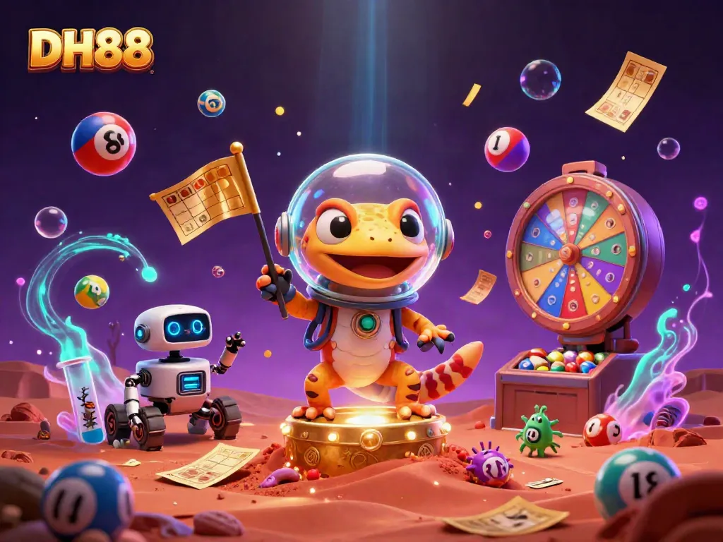 Experience excitement at DH88 with a Martian gecko uncovering a golden casino amidst vibrant game elements.