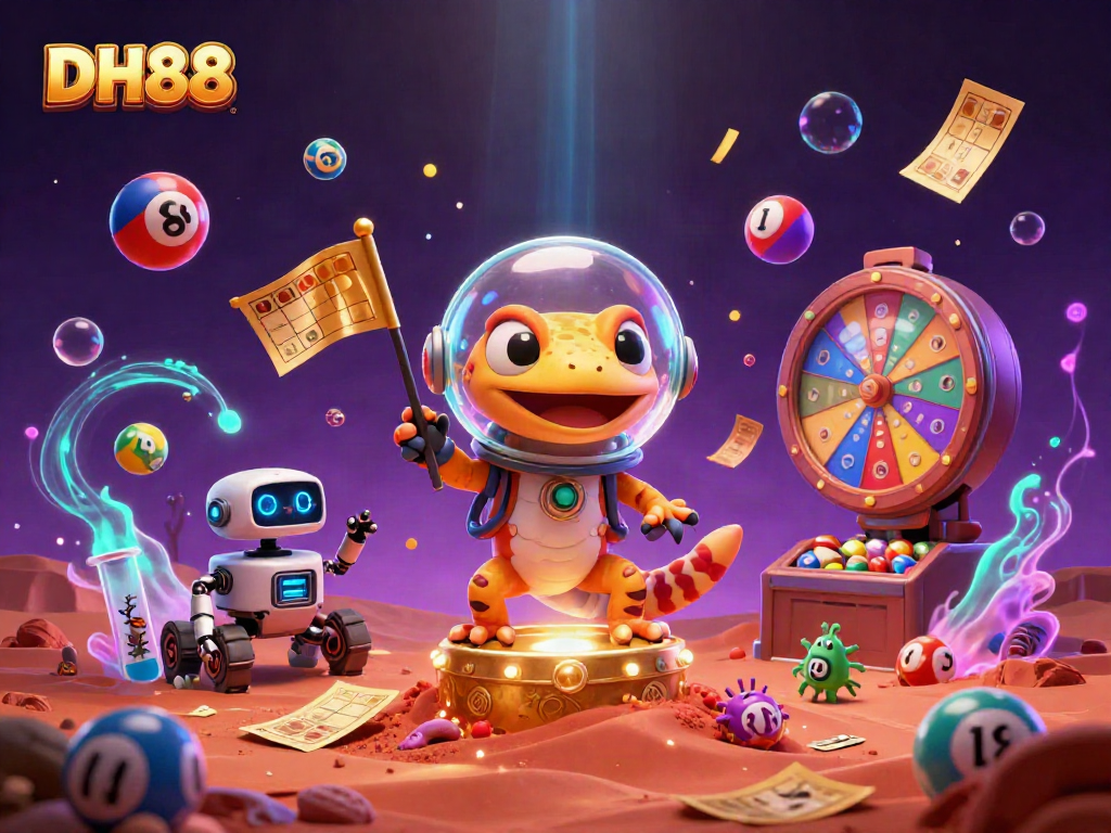 Experience excitement at DH88 with a Martian gecko uncovering a golden casino amidst vibrant game elements.